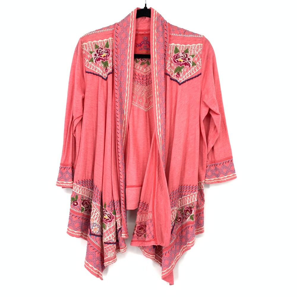 Johnny Was Joy Joy Womens L Coral Embroidered Draped Cardigan Tunic Boho